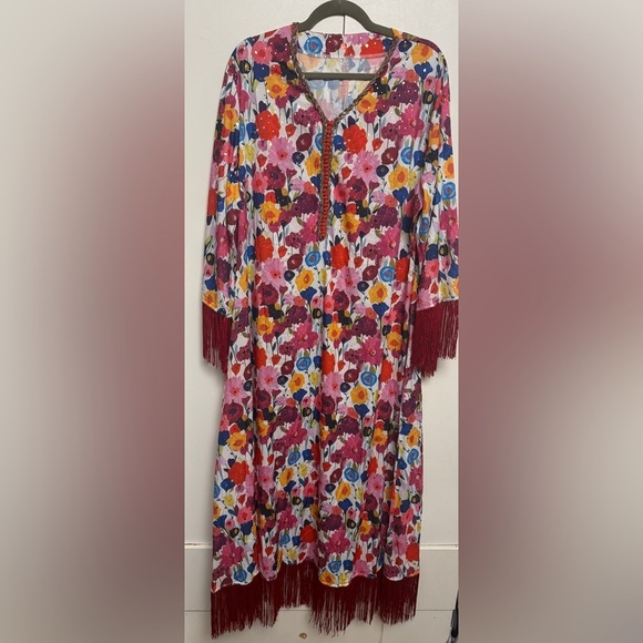Arabian khalji Dresses & Skirts - Floral Midi Dress with Fringe Sleeves - Pink Multi